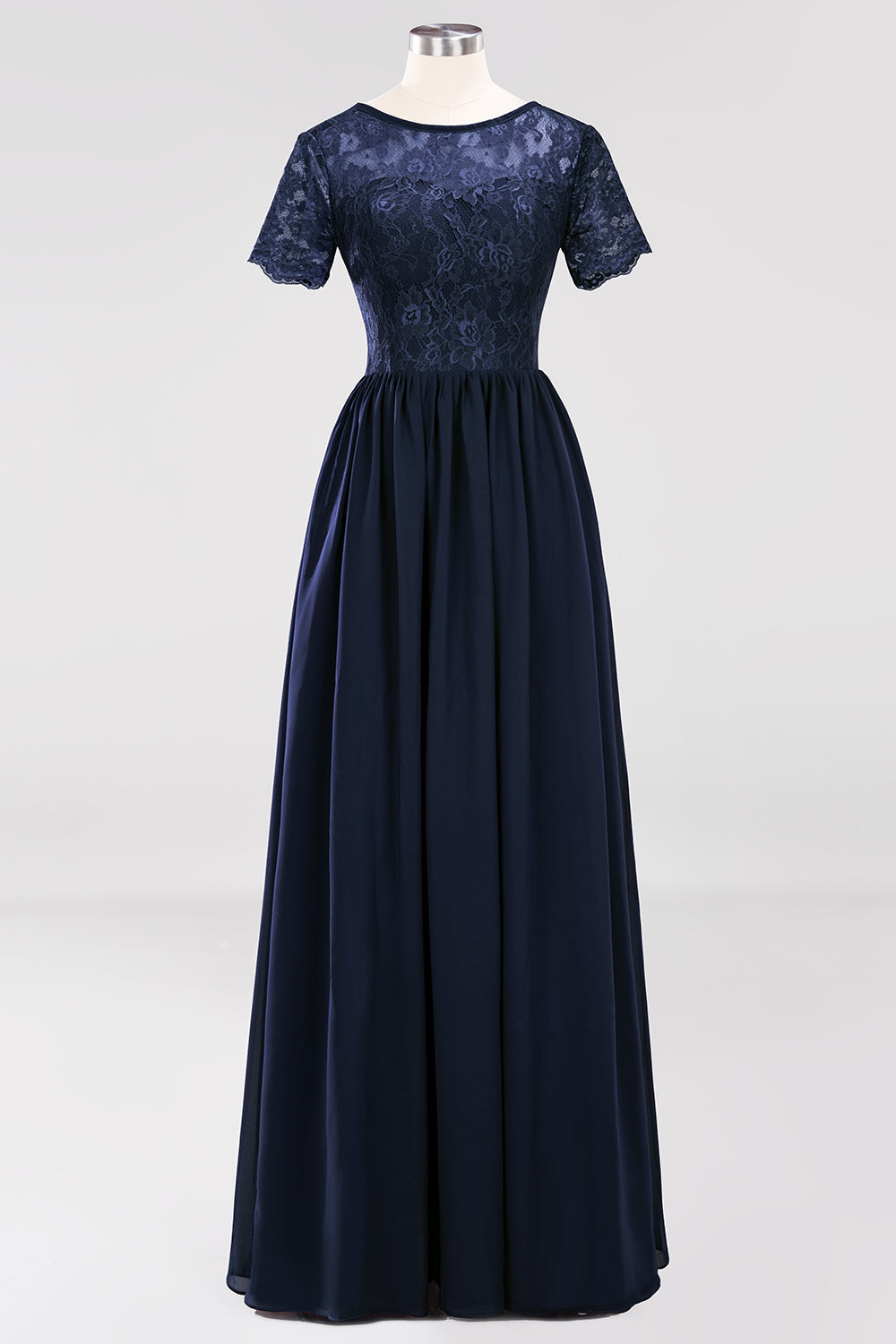 Elegant Dark Navy Long Lace Bridesmaid dresses with Short-Sleeves