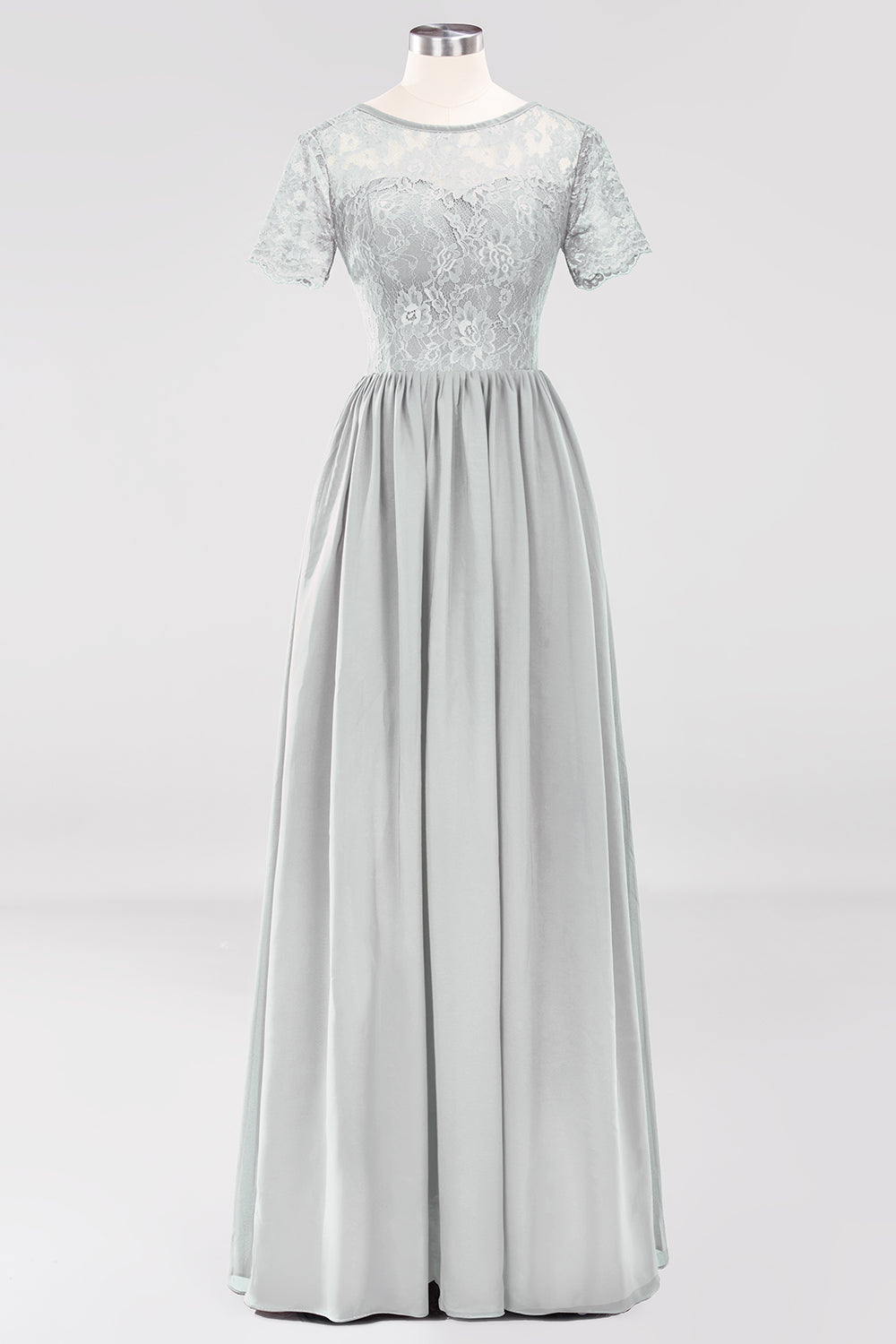 Elegant Dark Navy Long Lace Bridesmaid dresses with Short-Sleeves