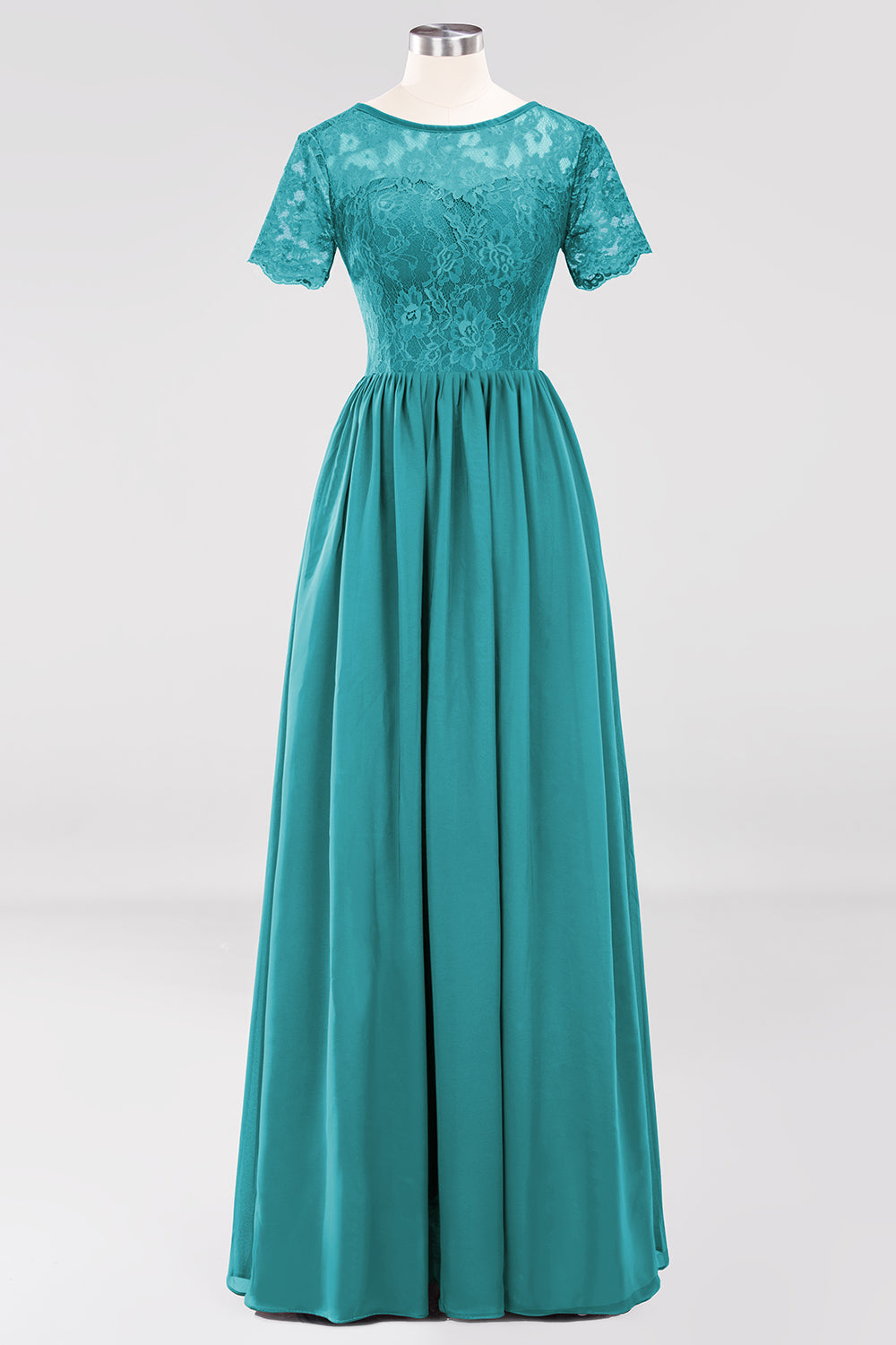 Elegant Dark Navy Long Lace Bridesmaid dresses with Short-Sleeves