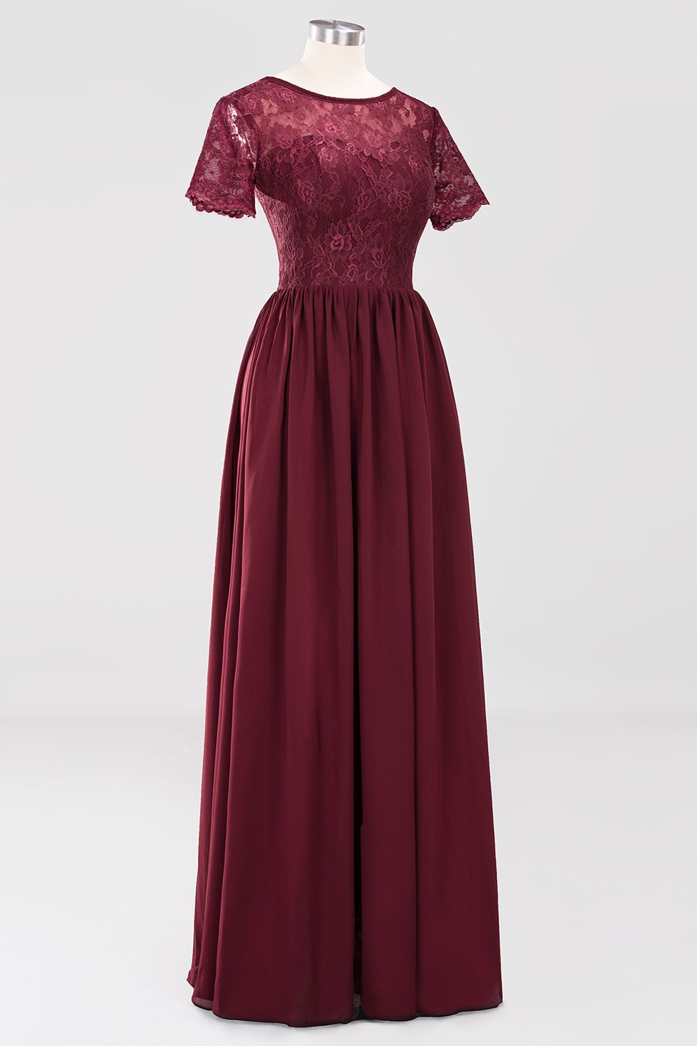 Elegant Dark Navy Long Lace Bridesmaid dresses with Short-Sleeves