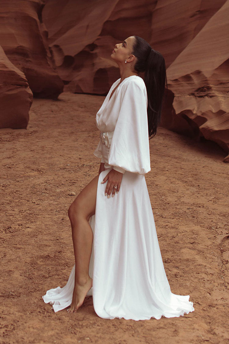 Satin Deep V Neck Bishop Sleeve High Split Maxi Gown 3