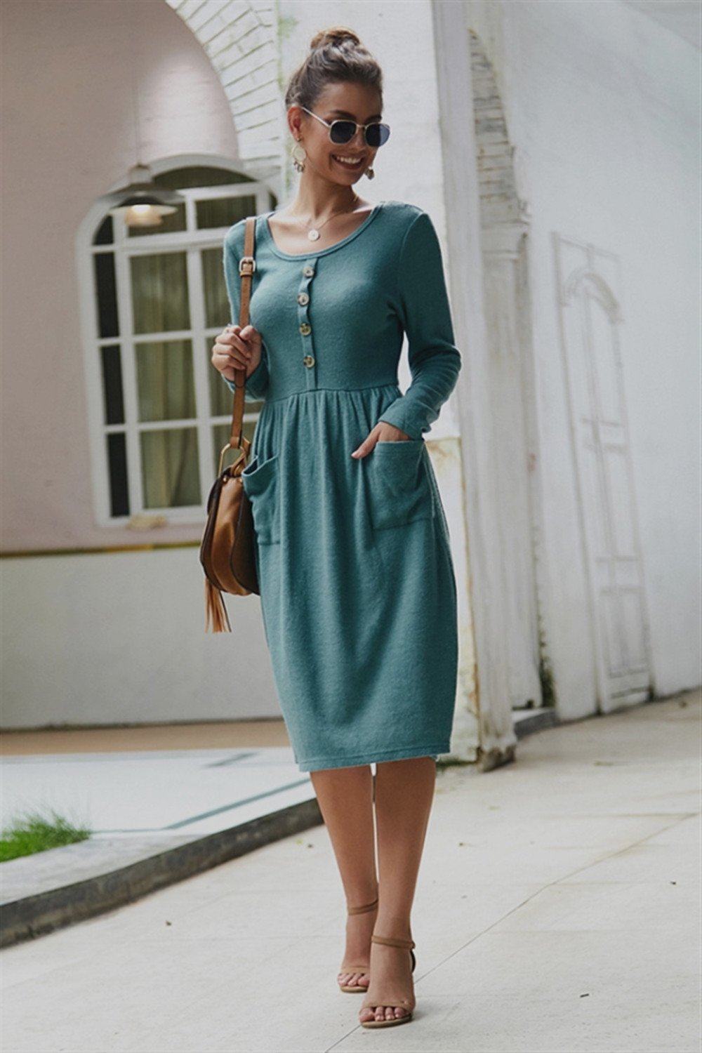 RadyRin Elegant Slim Sweater Dress with Double Pockets