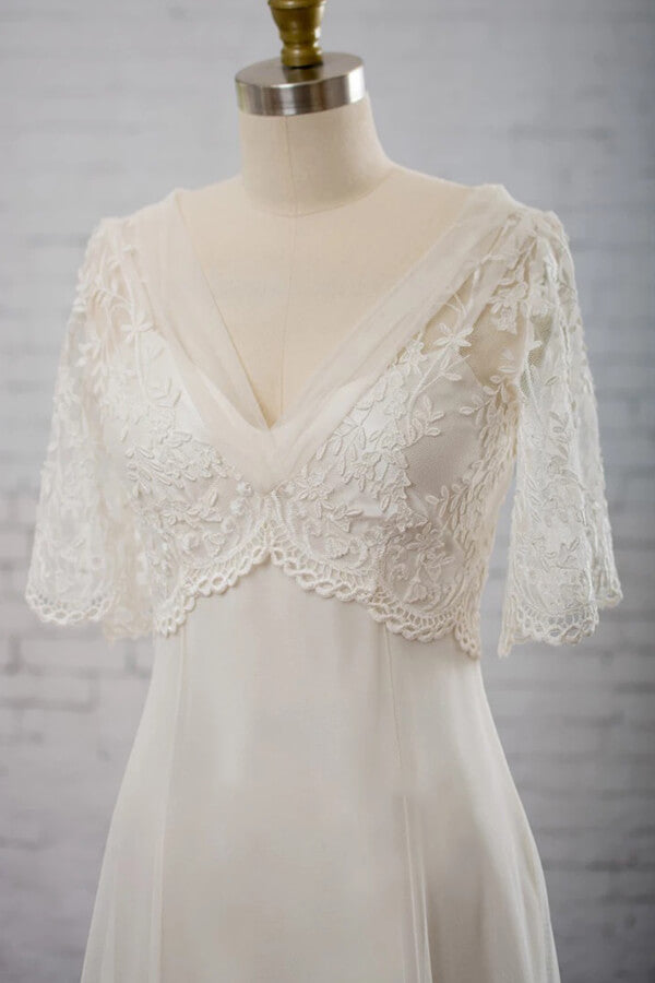 Elegant Empire V-neck Tulle Wedding Dress A-line Appliques Short Sleeves Bridal Gowns On Sale - Fashionpara