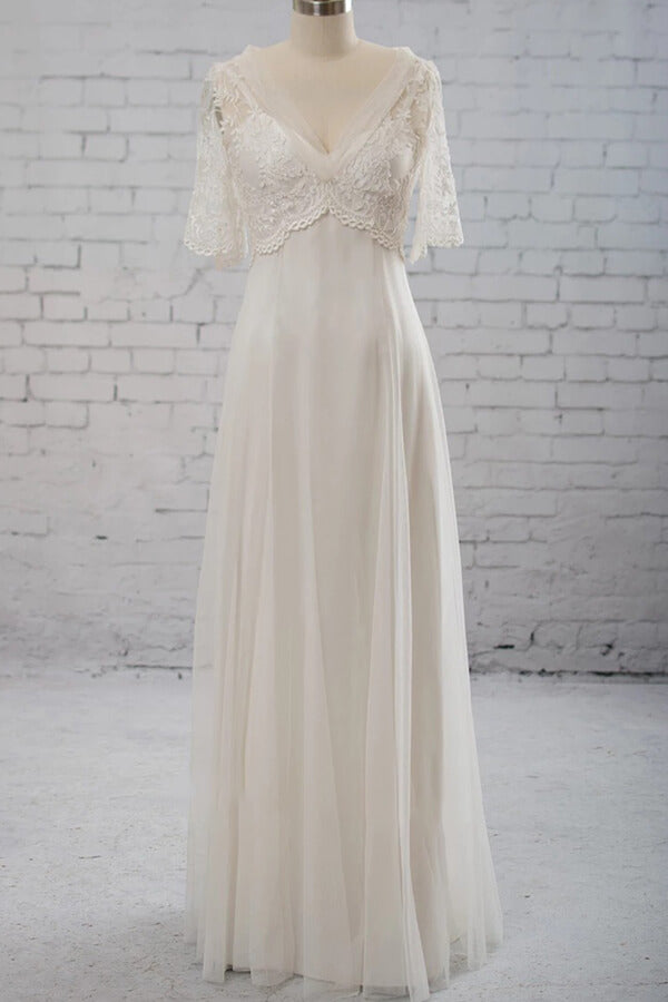 Elegant Empire V-neck Tulle Wedding Dress A-line Appliques Short Sleeves Bridal Gowns On Sale - Fashionpara
