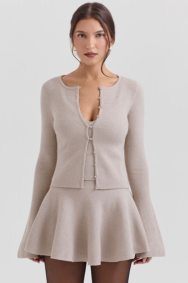 Elegant Faux Pearl Button Up Bell Sleeve Slim Ribbed Knit Crop Cardigan - Fashionpara