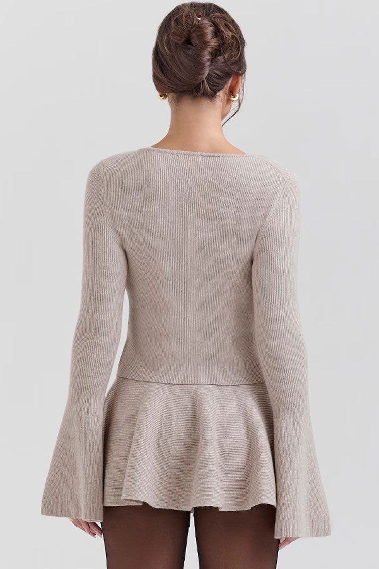 Elegant Faux Pearl Button Up Bell Sleeve Slim Ribbed Knit Crop Cardigan - Fashionpara