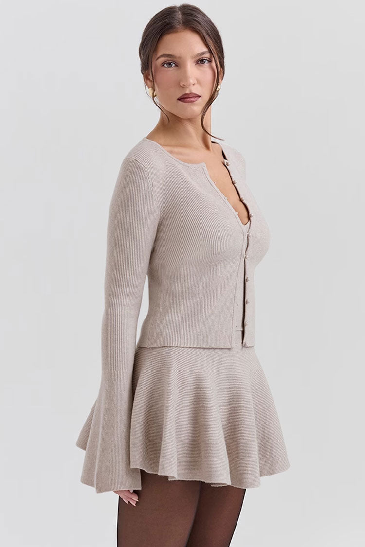 Elegant Faux Pearl Button Up Bell Sleeve Slim Ribbed Knit Crop Cardigan - Fashionpara