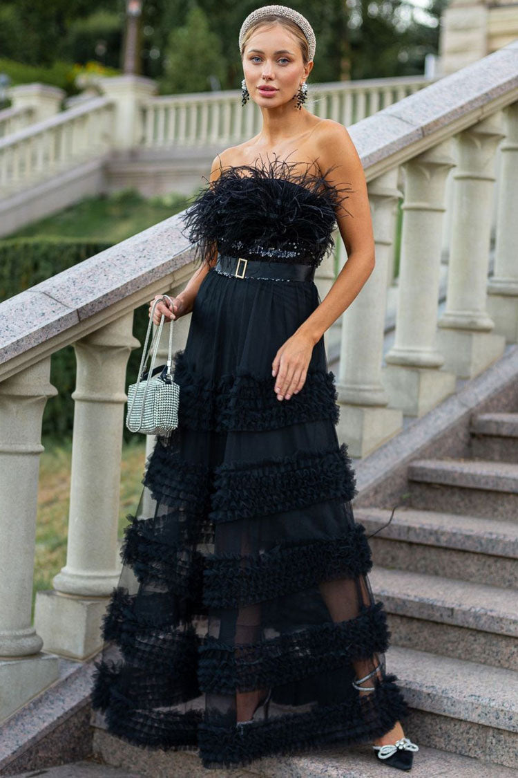 Sequin Feather Trim Strapless Tiered Ruffle Tulle Maxi Dress in Black