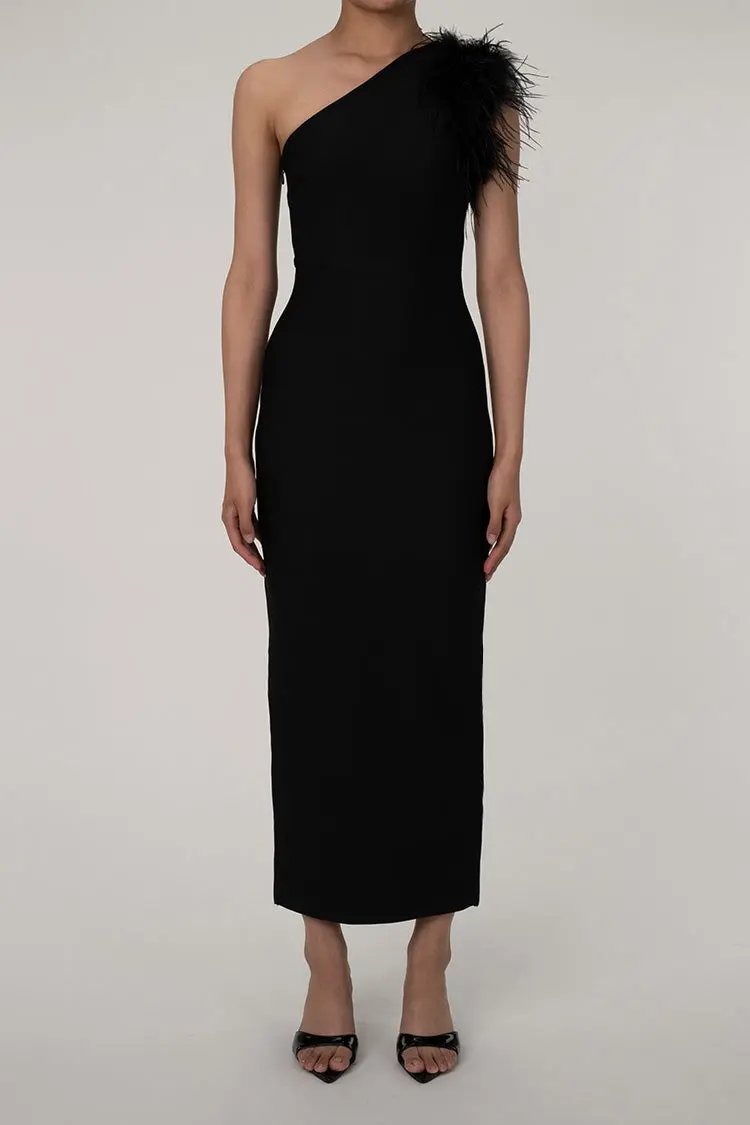 Elegant Feather Trim One Shoulder Back Split Gown Formal Maxi Dress - Black Fashionpara