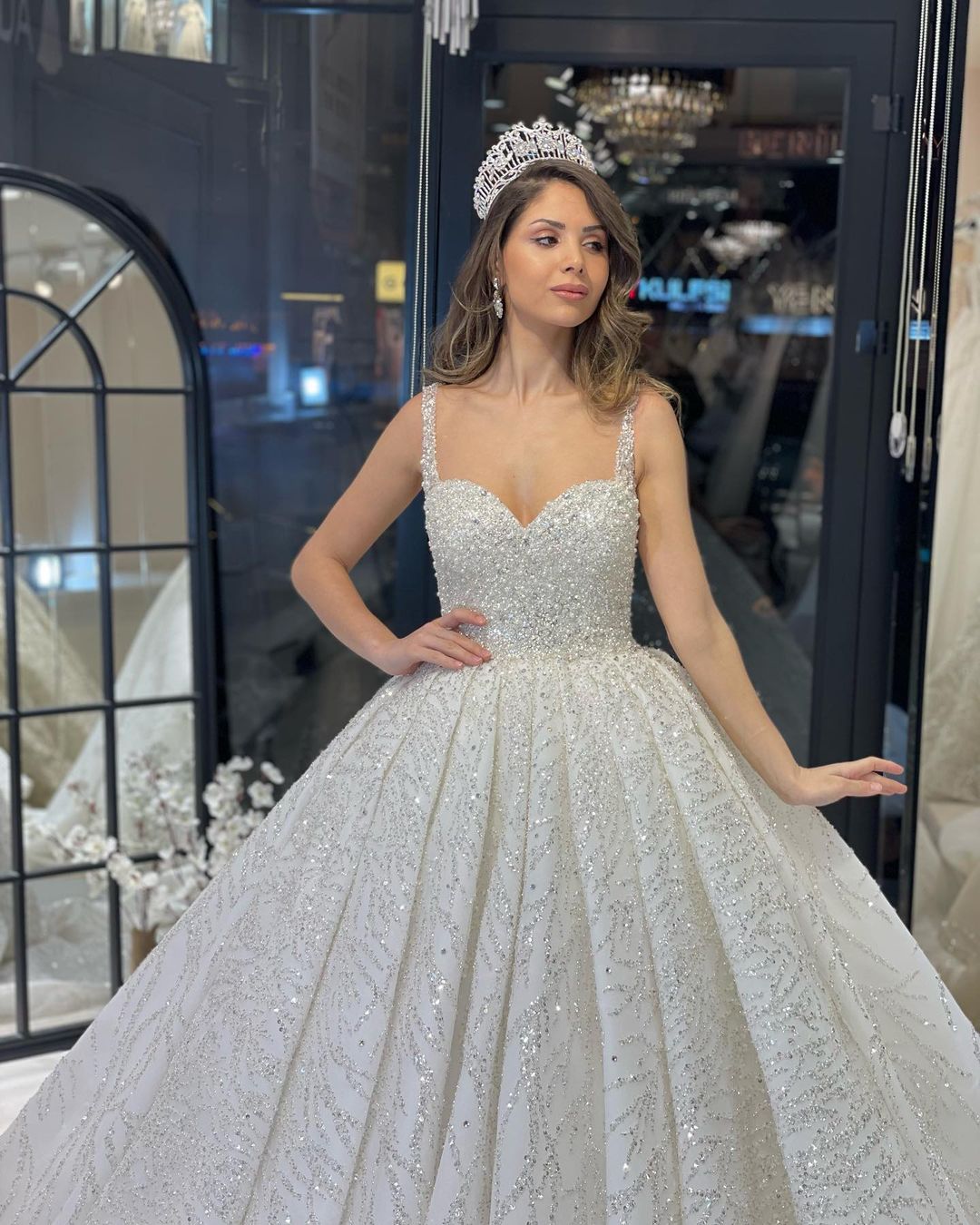 Elegant Floor-Length Sweetheart Sleeveless A-Line Sequined Wedding Dress with Ruffles - Fashionpara