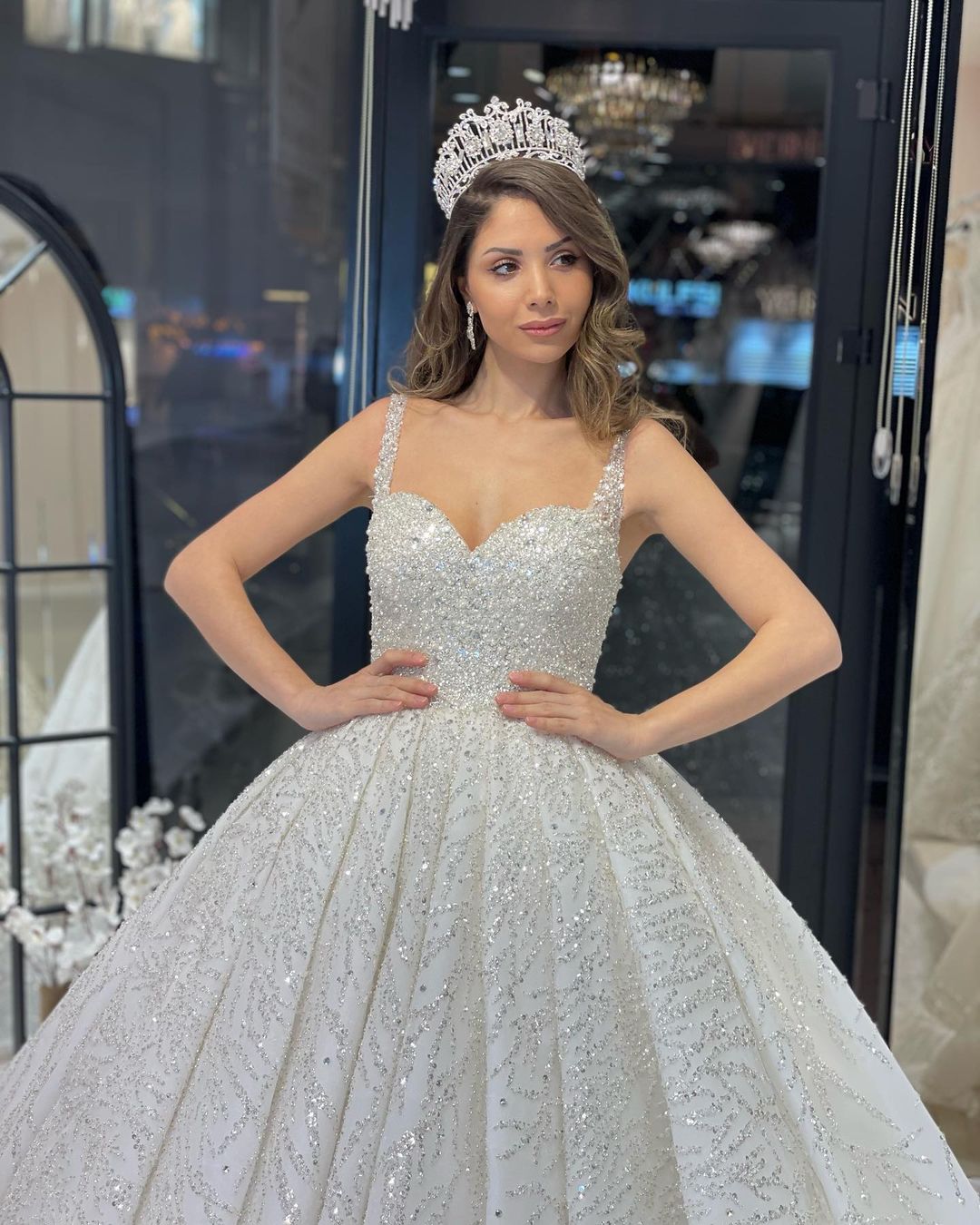 Elegant Floor-Length Sweetheart Sleeveless A-Line Sequined Wedding Dress with Ruffles - Fashionpara
