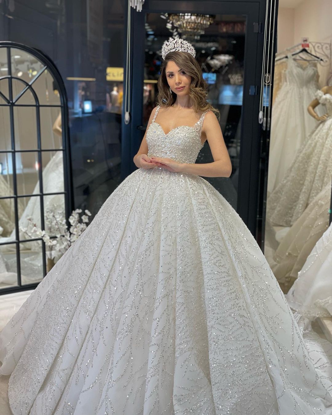 Elegant Floor-Length Sweetheart Sleeveless A-Line Sequined Wedding Dress with Ruffles - Fashionpara