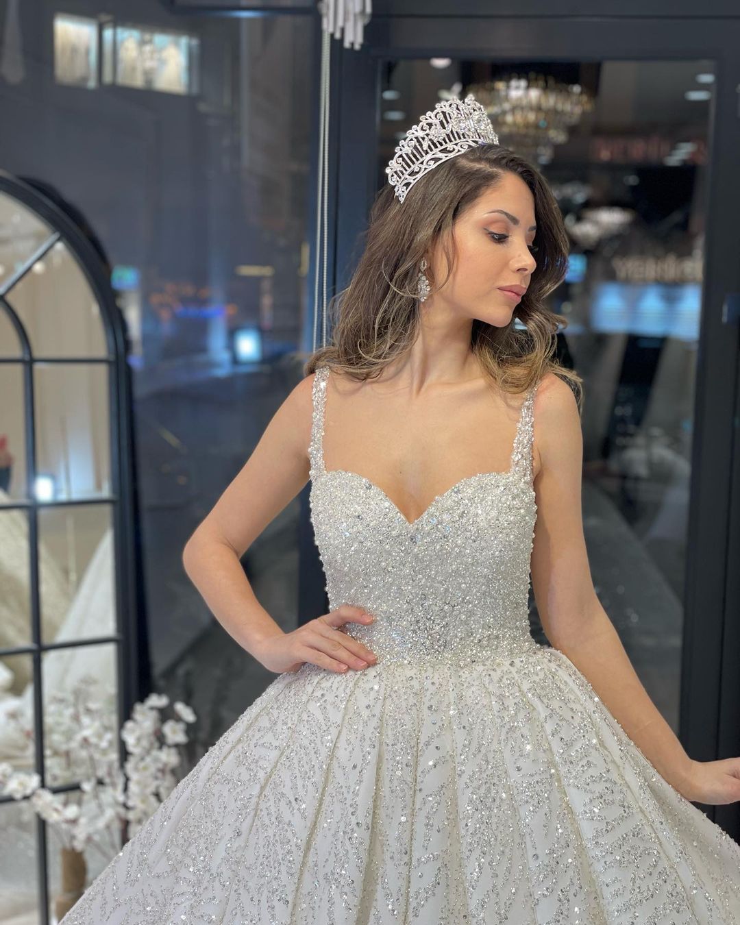 Elegant Floor-Length Sweetheart Sleeveless A-Line Sequined Wedding Dress with Ruffles - Fashionpara