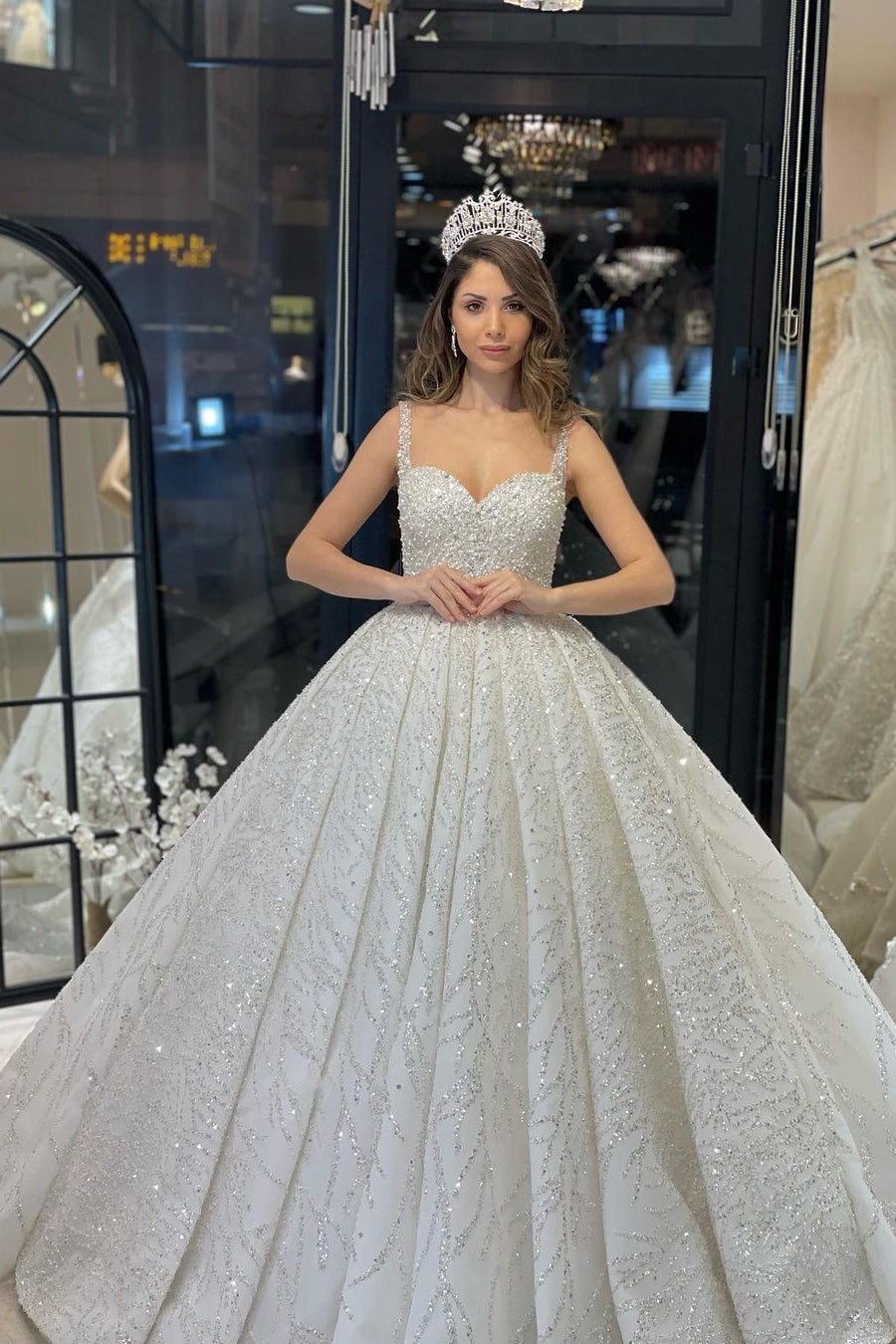 Elegant Floor-Length Sweetheart Sleeveless A-Line Sequined Wedding Dress with Ruffles - Fashionpara