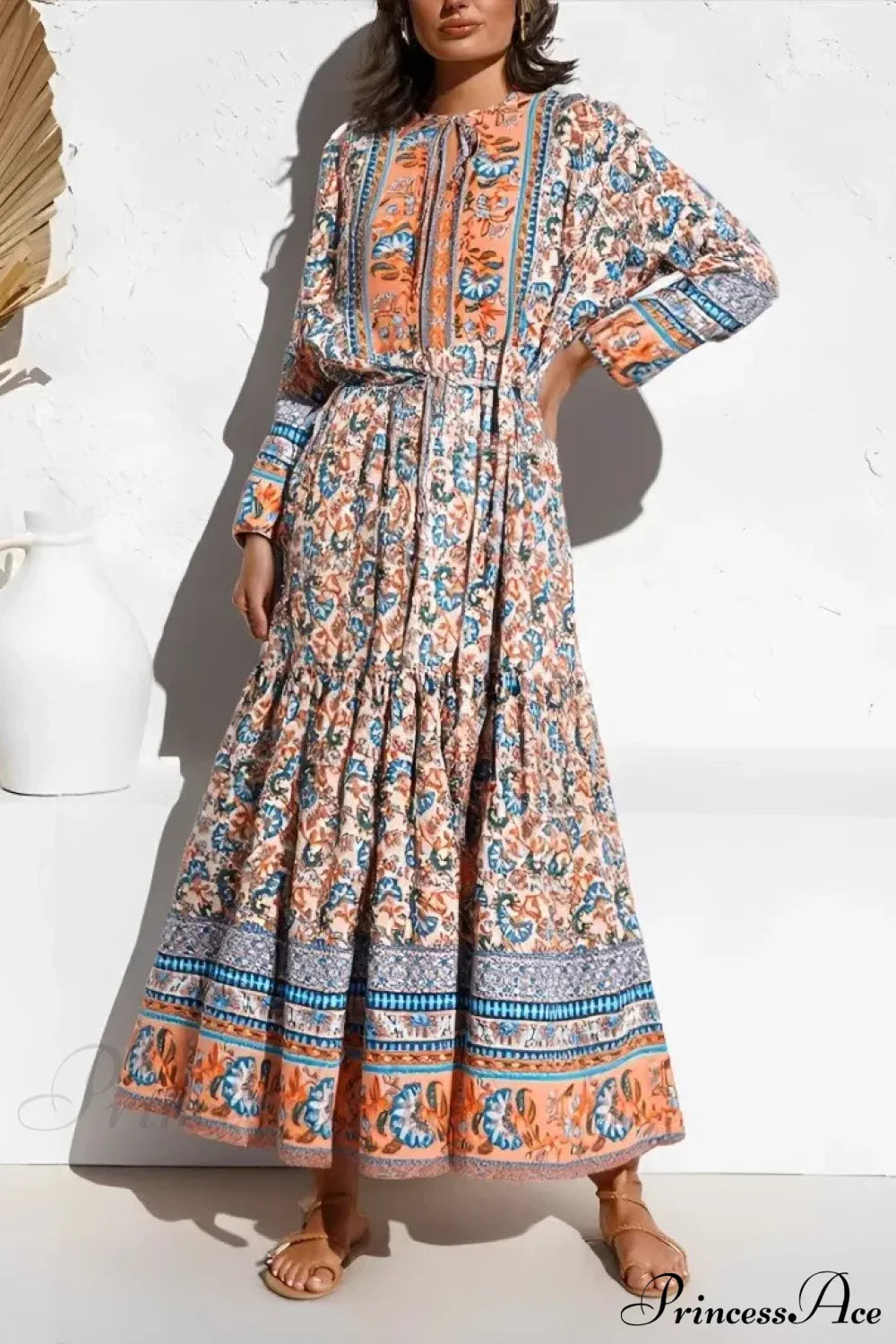 Elegant Floral Lace-up Tassel Rayon Maxi Boho Sundress kahaki / S bohodress-250126