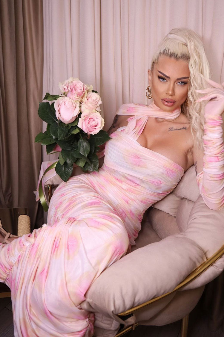 Elegant Glove Draped Halter Floral Mesh Ruched Formal Maxi Dress - Pink Fashionpara