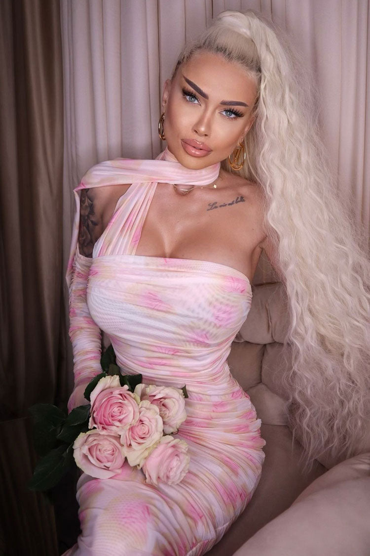 Elegant Glove Draped Halter Floral Mesh Ruched Formal Maxi Dress - Pink Fashionpara