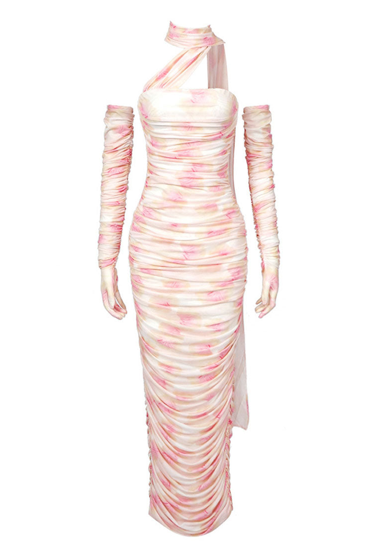 Elegant Glove Draped Halter Floral Mesh Ruched Formal Maxi Dress - Pink Fashionpara