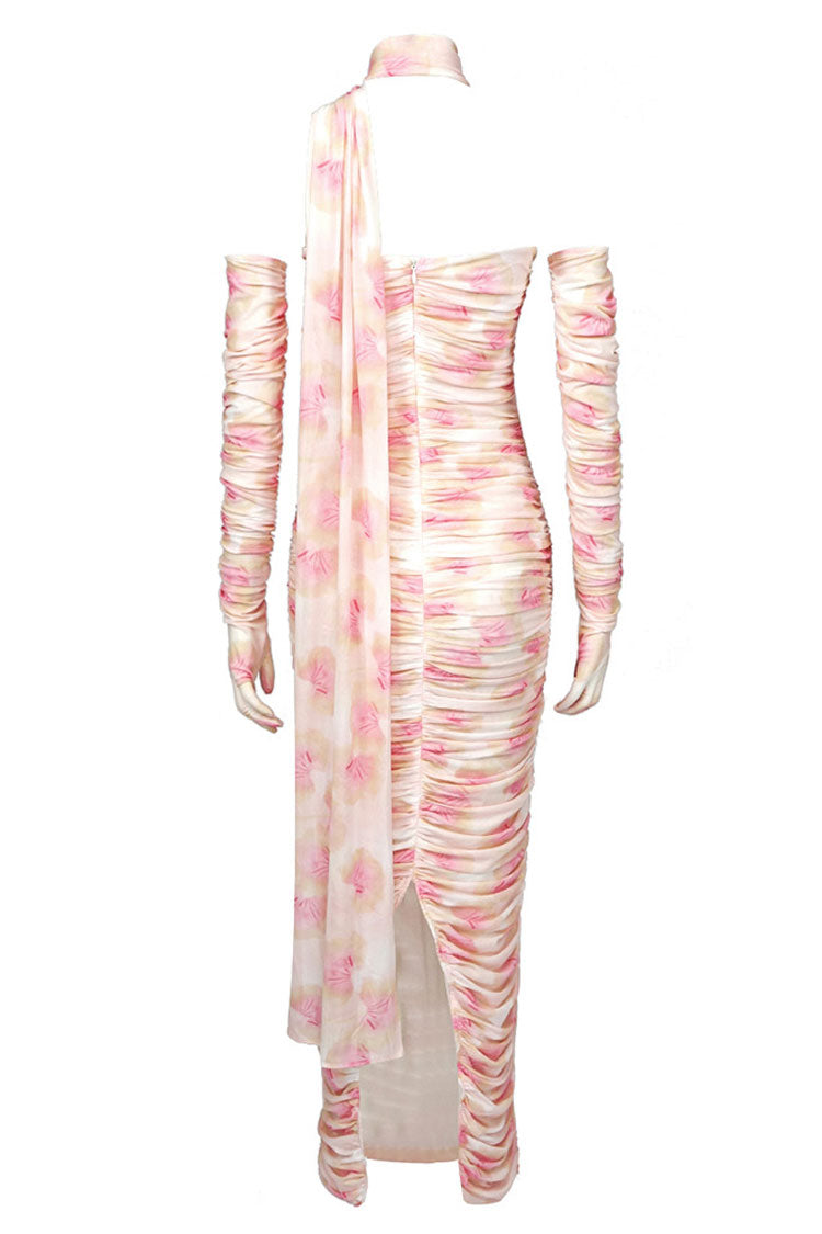 Elegant Glove Draped Halter Floral Mesh Ruched Formal Maxi Dress - Pink Fashionpara