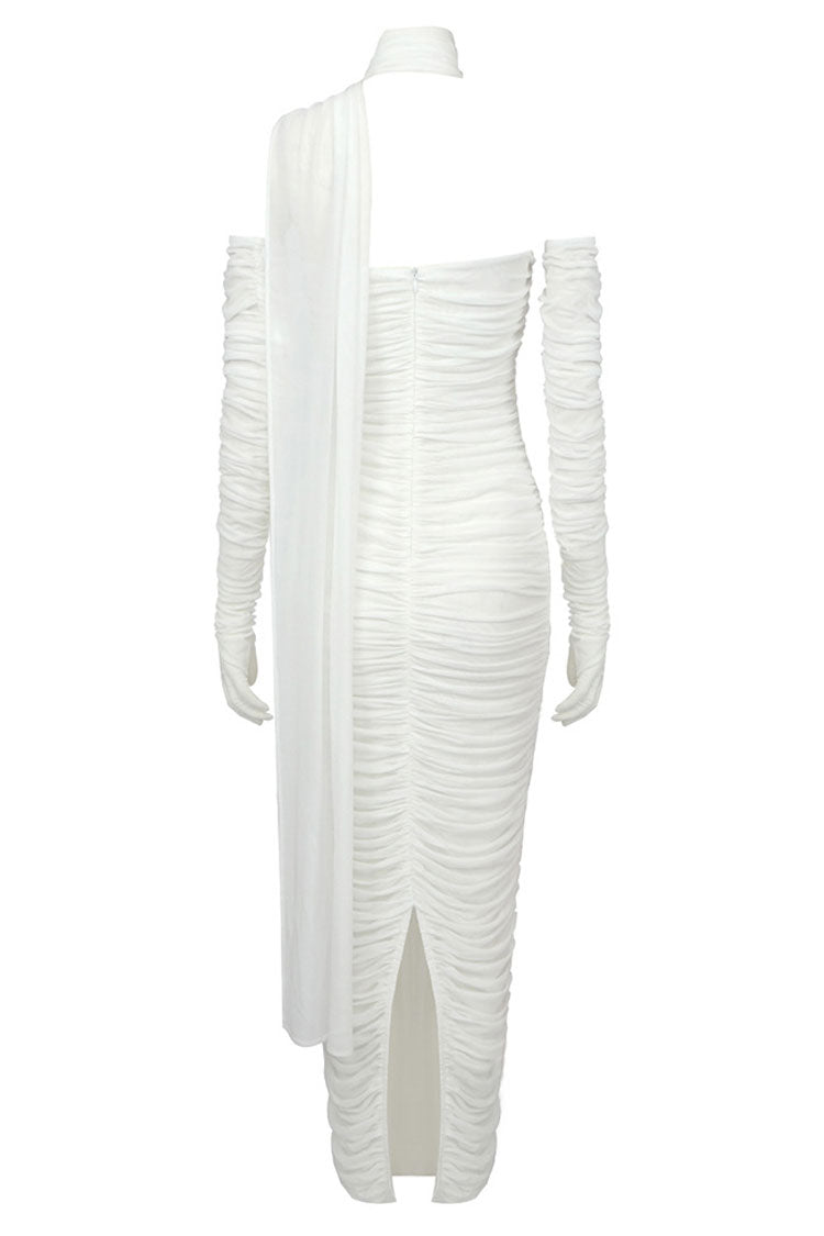 Elegant Glove Draped Halter Mesh Ruched Bodycon Formal Maxi Dress - White Fashionpara