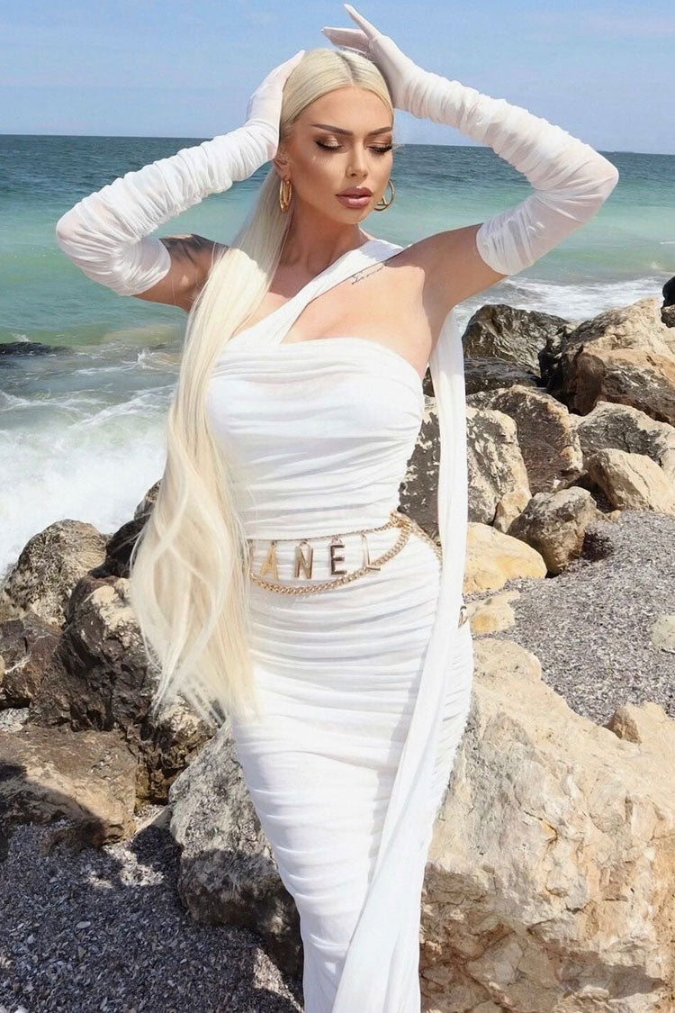 Elegant Glove Draped Halter Mesh Ruched Bodycon Formal Maxi Dress - White Fashionpara