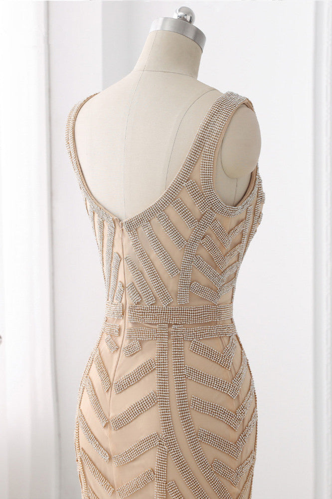 Elegant Gold Tulle V-Neck Sleeveless Prom Dresses with Beadings On Sale - Fashionpara