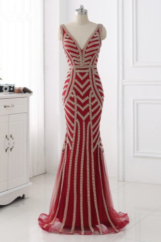 Elegant Gold Tulle V-Neck Sleeveless Prom Dresses with Beadings On Sale - Fashionpara