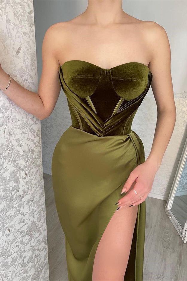 Elegant Green Strapless Sleeveless Mermaid Satin Prom Dresses with Slit