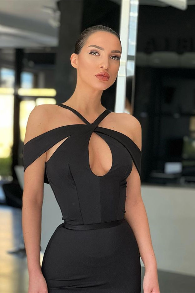 Elegant Halter Black Off-the-shoulder Tulle Satin Mermaid Prom Dresses
