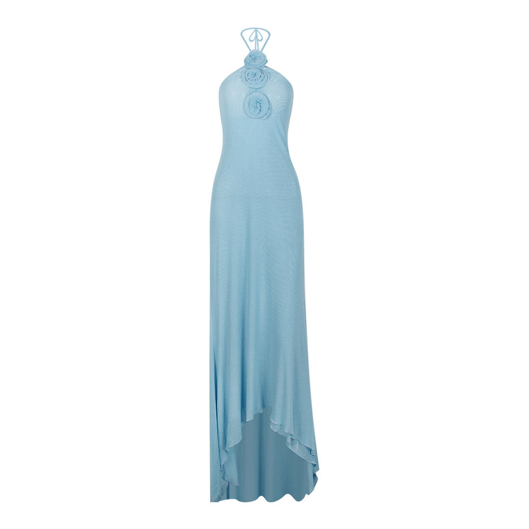 Elegant Halter Rosette Applique Layered High Low Sheer Mesh Fishtail Dress - Fashionpara