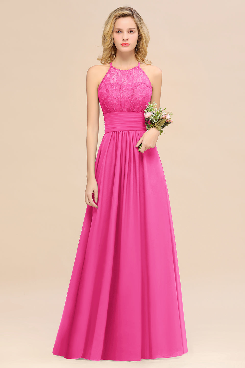 Elegant Halter Ruffles Sleeveless Grape Lace Bridesmaid dresses Affordable - Fashionpara