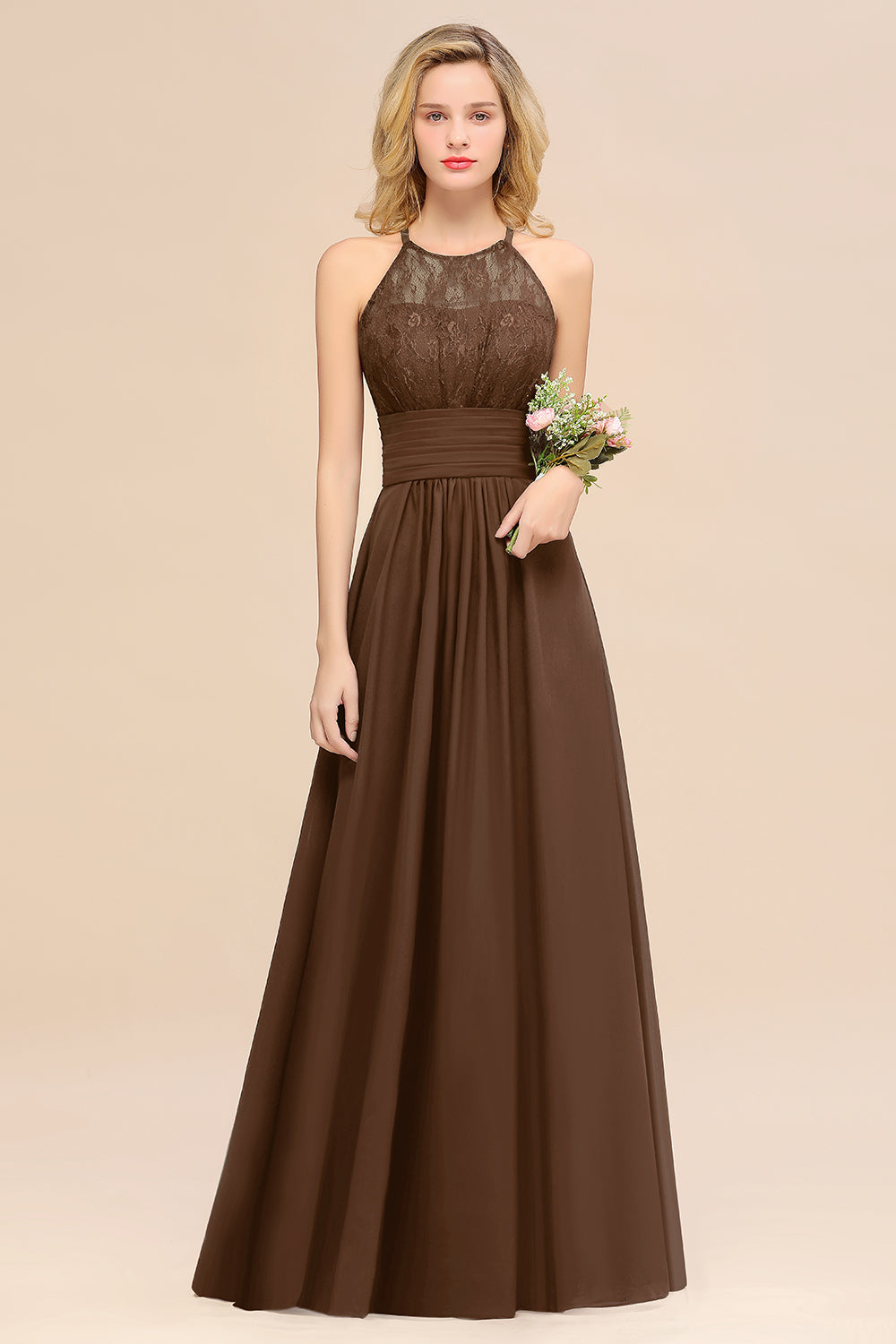 Elegant Halter Ruffles Sleeveless Grape Lace Bridesmaid dresses Affordable - Fashionpara