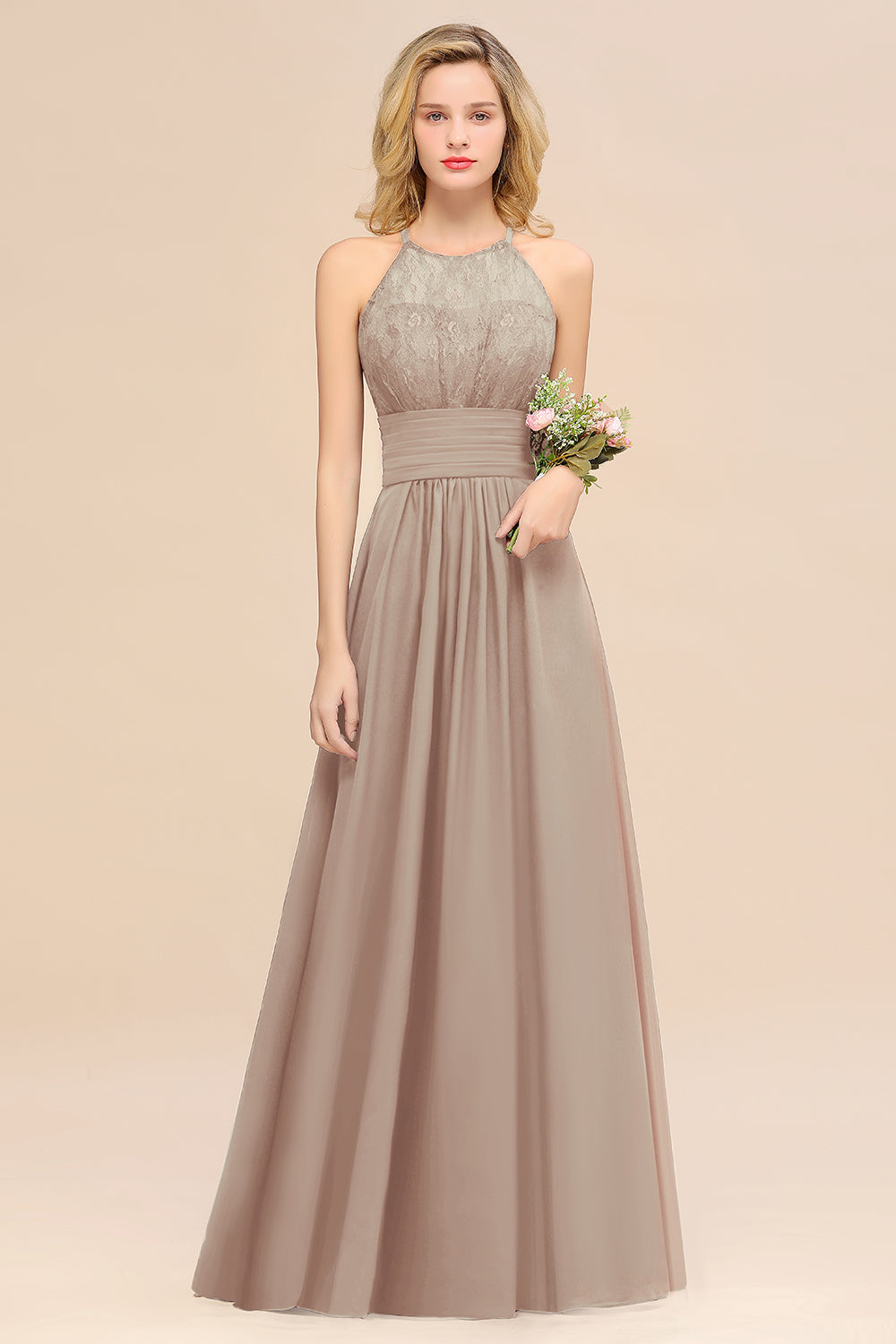 Elegant Halter Ruffles Sleeveless Grape Lace Bridesmaid dresses Affordable - Fashionpara