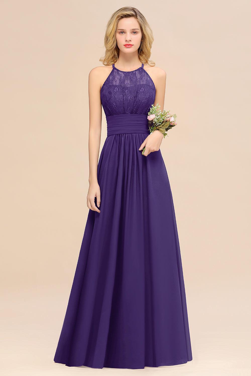 Elegant Halter Ruffles Sleeveless Grape Lace Bridesmaid dresses Affordable - Fashionpara