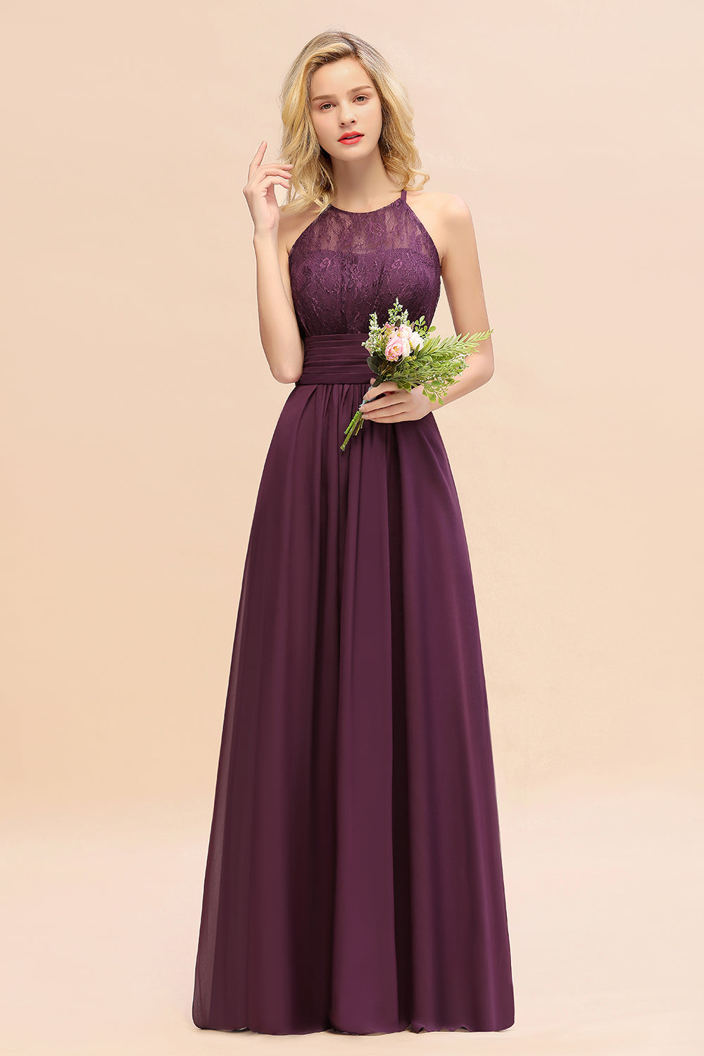Elegant Halter Ruffles Sleeveless Grape Lace Bridesmaid dresses Affordable - Fashionpara