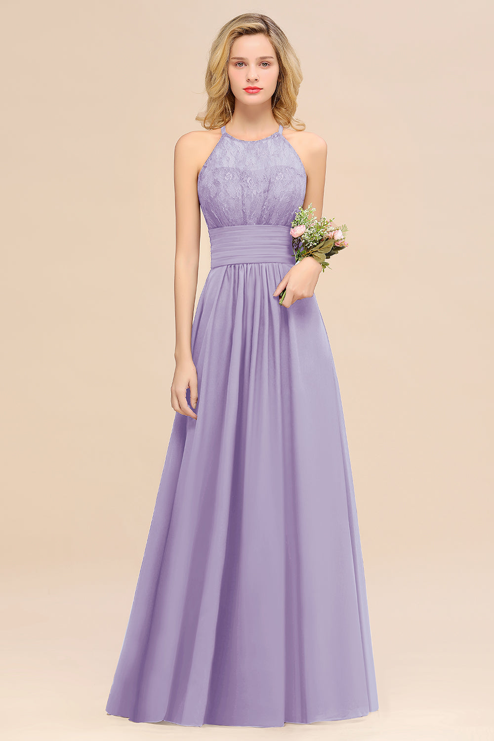 Elegant Halter Ruffles Sleeveless Grape Lace Bridesmaid dresses Affordable - Fashionpara