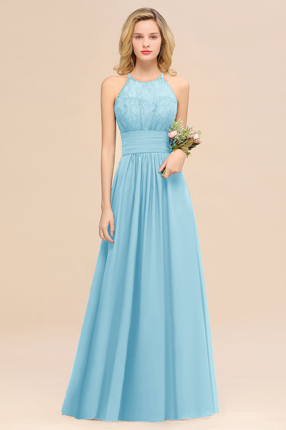 Elegant Halter Ruffles Sleeveless Grape Lace Bridesmaid dresses Affordable - Fashionpara