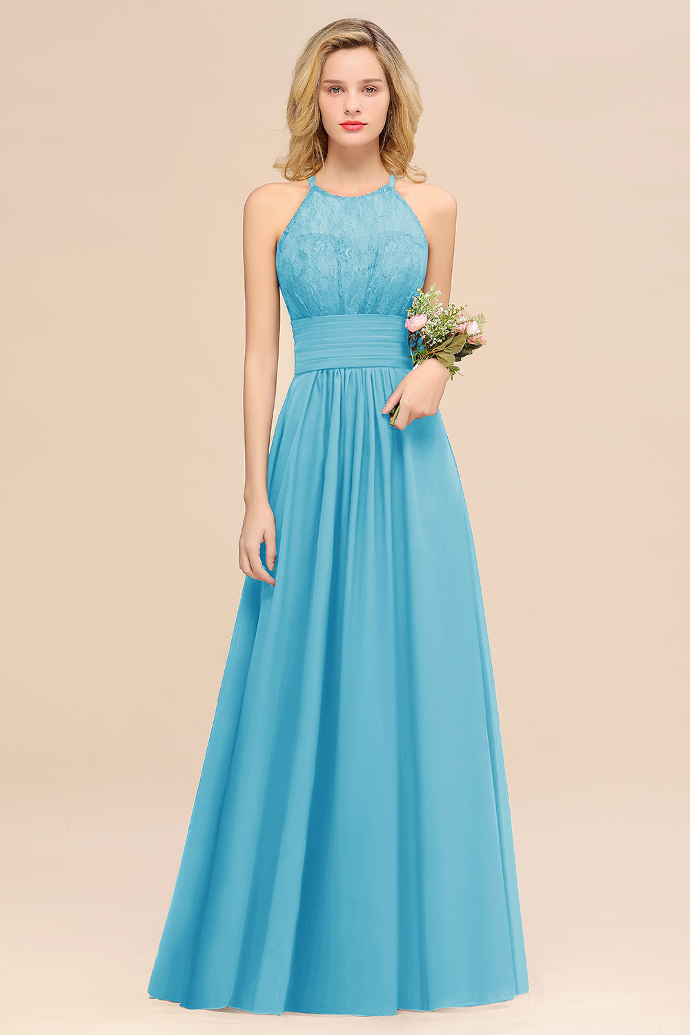 Elegant Halter Ruffles Sleeveless Grape Lace Bridesmaid dresses Affordable - Fashionpara