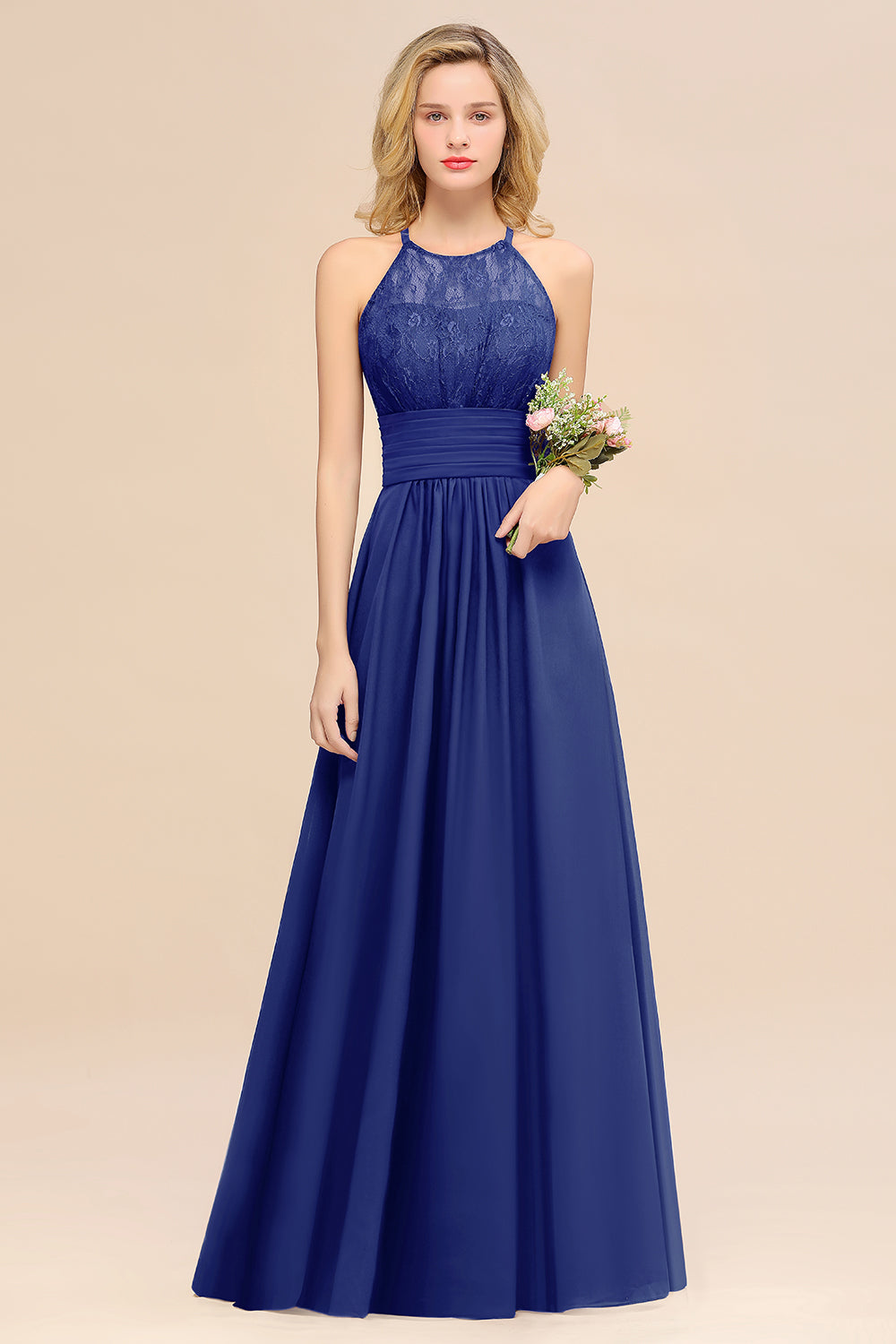 Elegant Halter Ruffles Sleeveless Grape Lace Bridesmaid dresses Affordable - Fashionpara