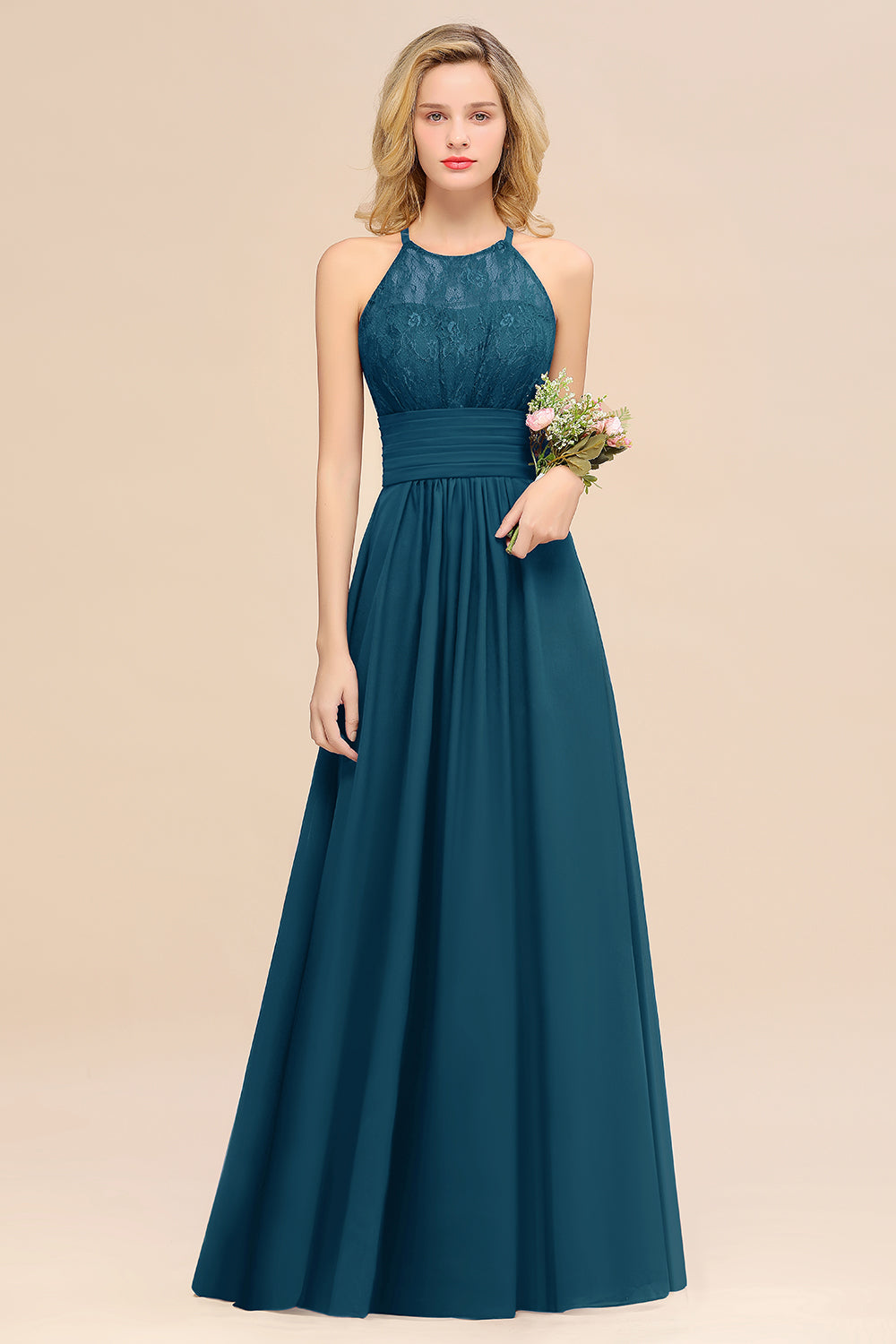 Elegant Halter Ruffles Sleeveless Grape Lace Bridesmaid dresses Affordable - Fashionpara
