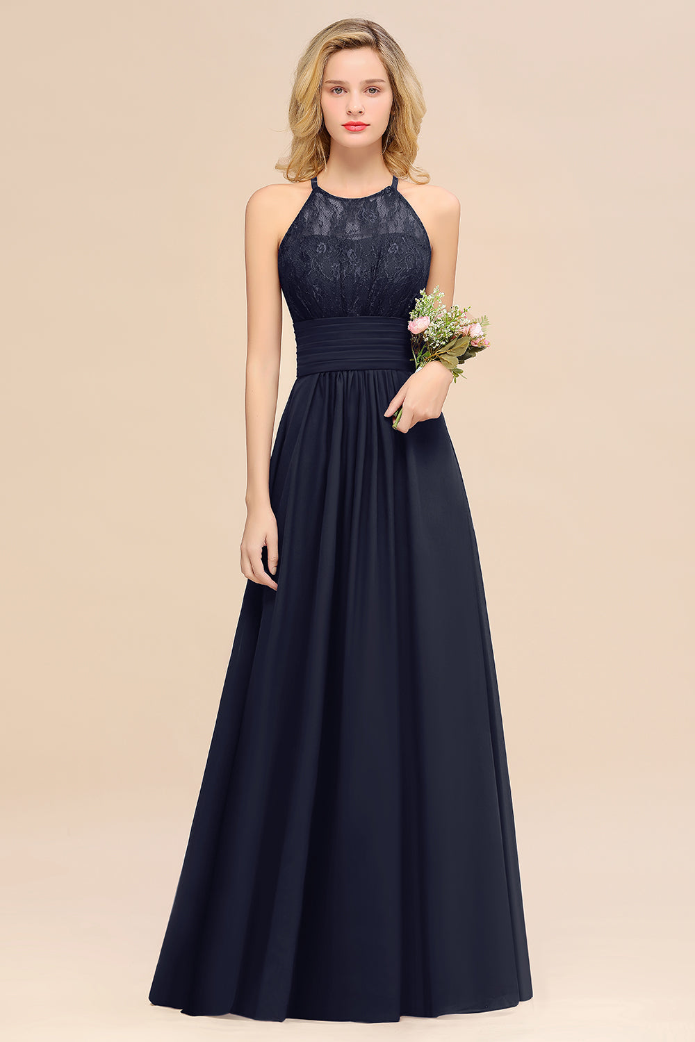 Elegant Halter Ruffles Sleeveless Grape Lace Bridesmaid dresses Affordable - Fashionpara