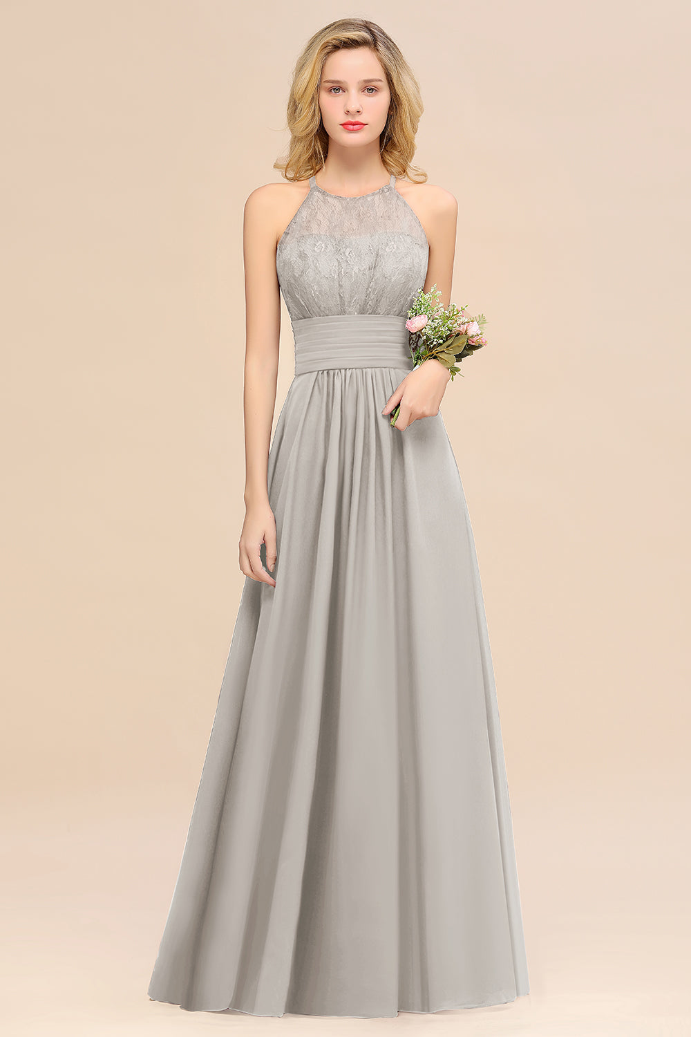 Elegant Halter Ruffles Sleeveless Grape Lace Bridesmaid dresses Affordable - Fashionpara