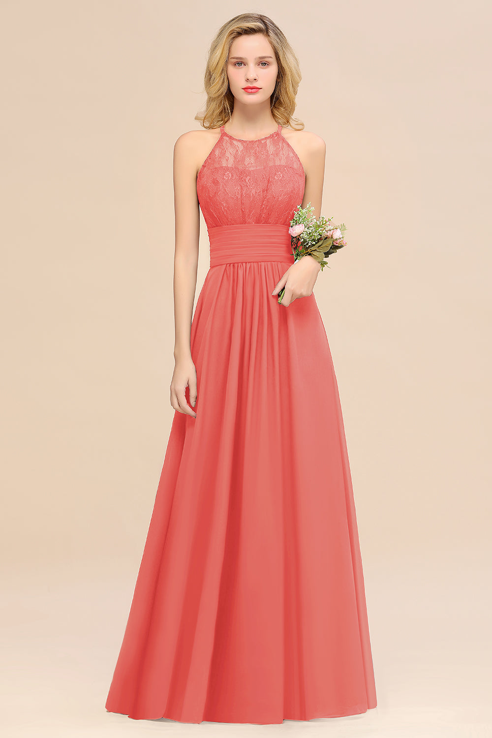 Elegant Halter Ruffles Sleeveless Grape Lace Bridesmaid dresses Affordable - Fashionpara