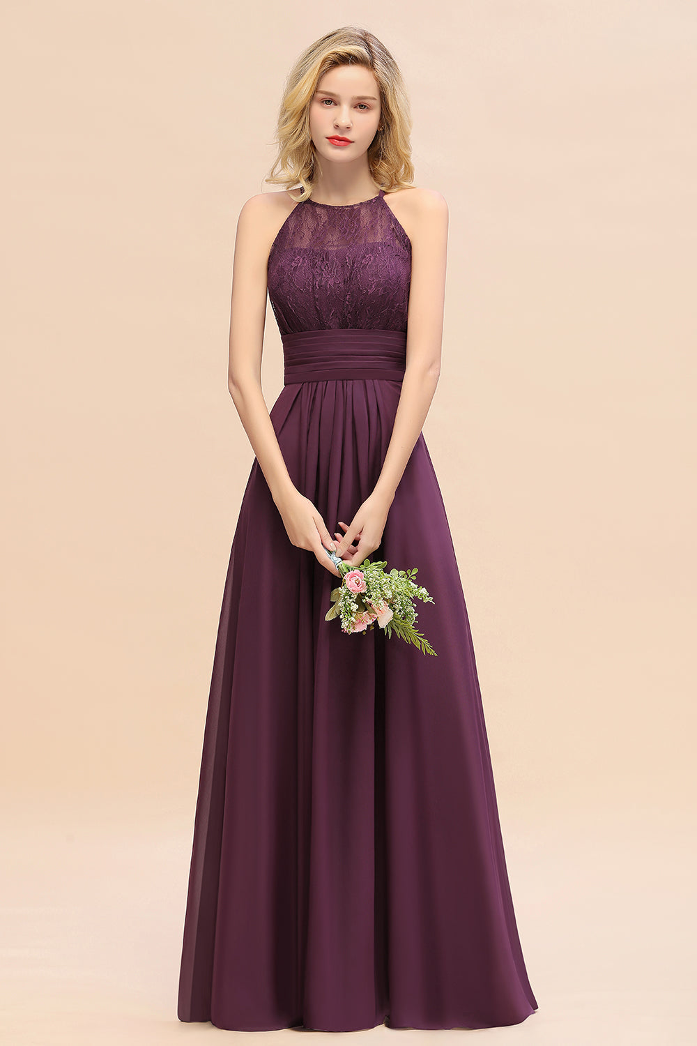 Elegant Halter Ruffles Sleeveless Grape Lace Bridesmaid dresses Affordable