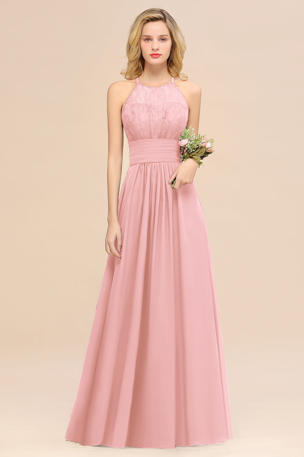 Elegant Halter Ruffles Sleeveless Grape Lace Bridesmaid dresses Affordable - Fashionpara
