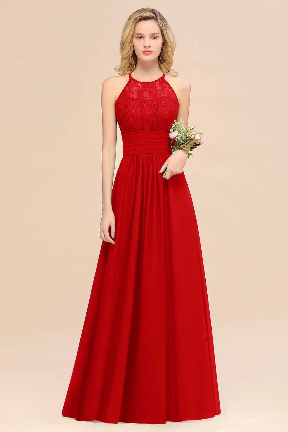 Elegant Halter Ruffles Sleeveless Grape Lace Bridesmaid dresses Affordable - Fashionpara