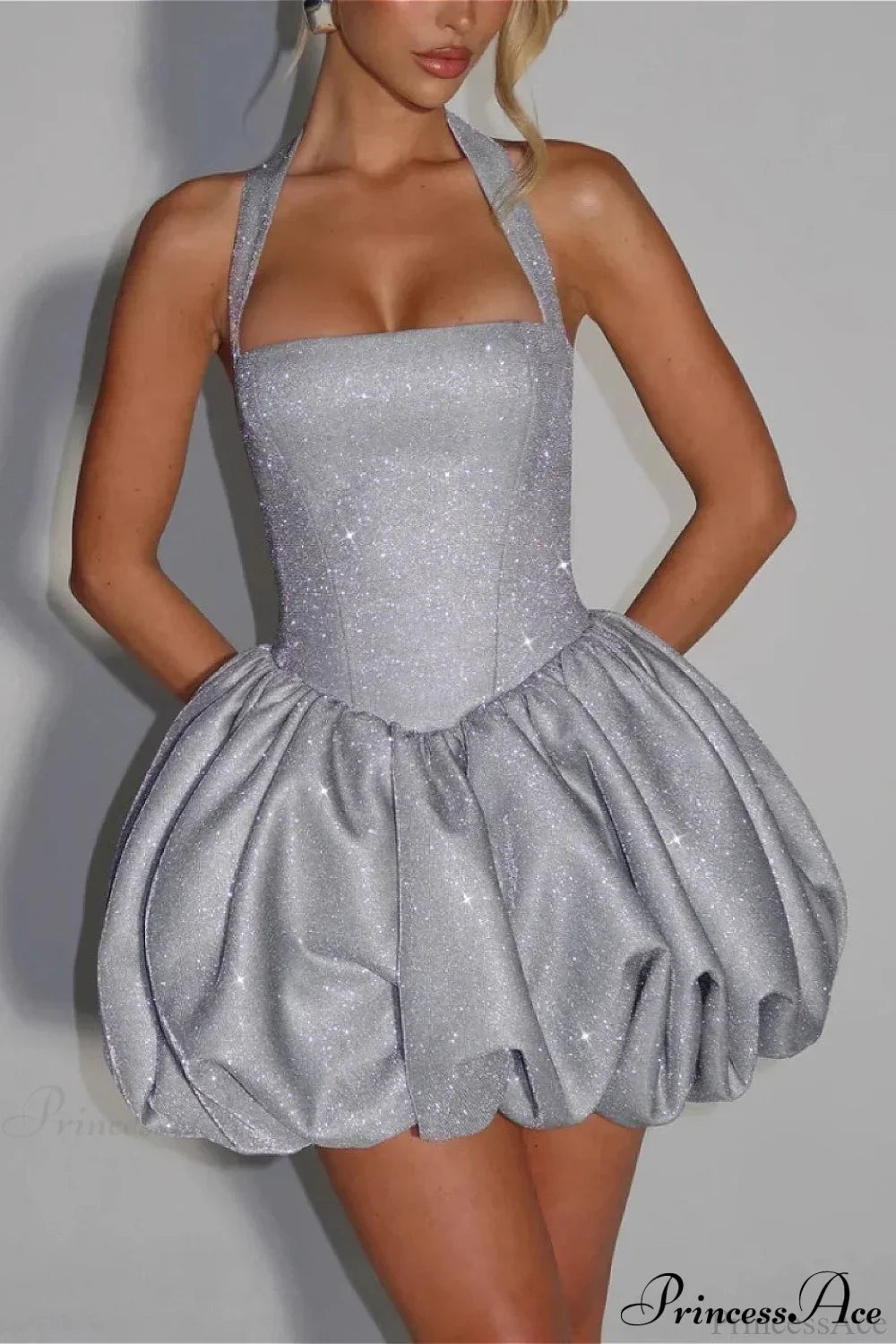 Glitter Halter Neck Corset Bubble Hem Mini Dress