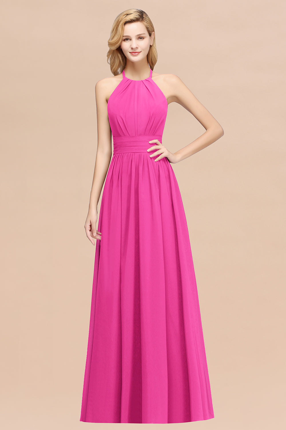 Elegant High-Neck Halter Long Affordable Bridesmaid dresses with Ruffles - Fashionpara