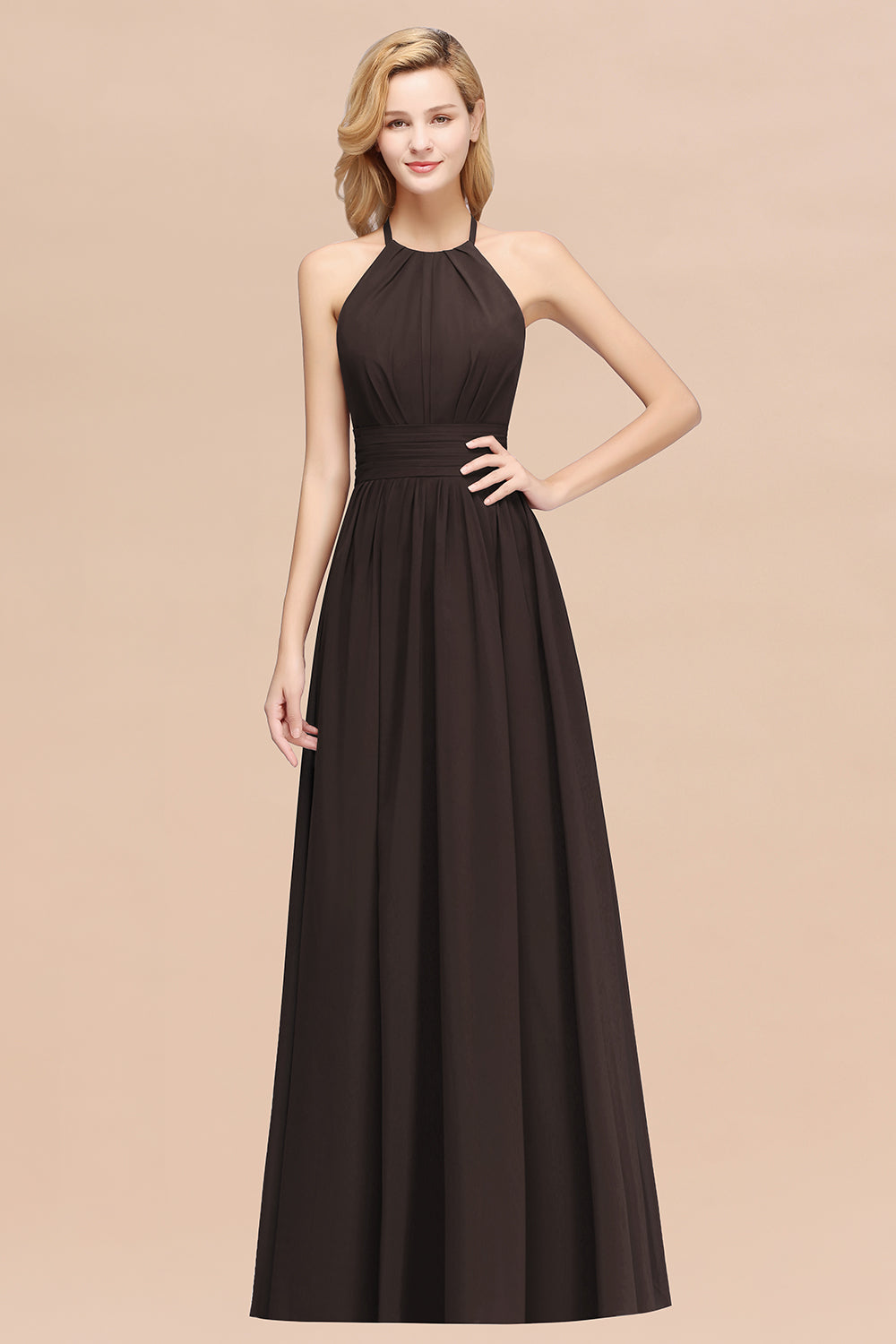 Elegant High-Neck Halter Long Affordable Bridesmaid dresses with Ruffles - Fashionpara