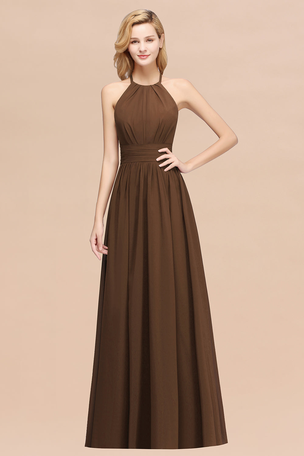 Elegant High-Neck Halter Long Affordable Bridesmaid dresses with Ruffles - Fashionpara